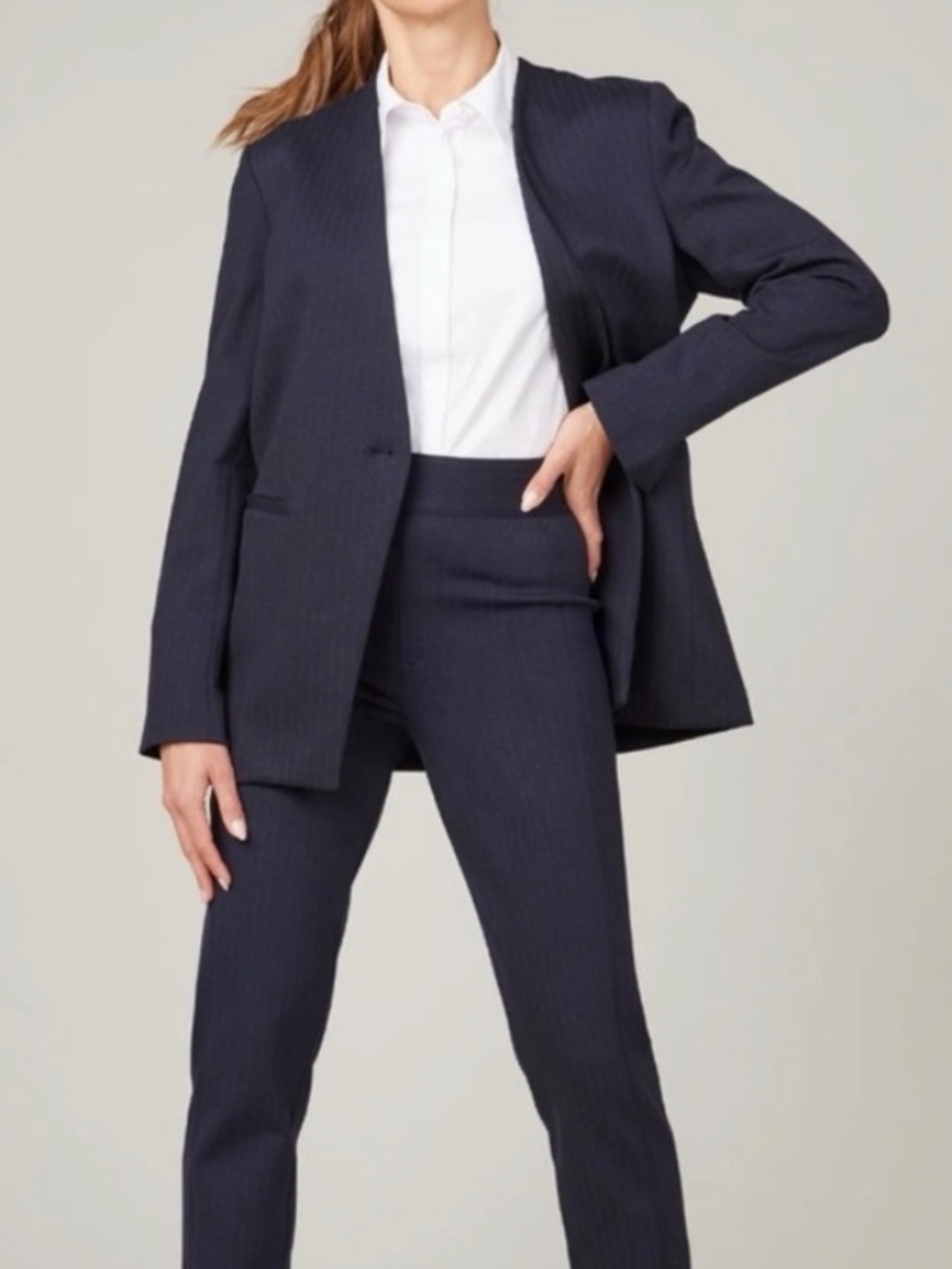 SPANX Navy/Gray Pinstripe Collarless One-Button Lined Blazer Jacket Women XS